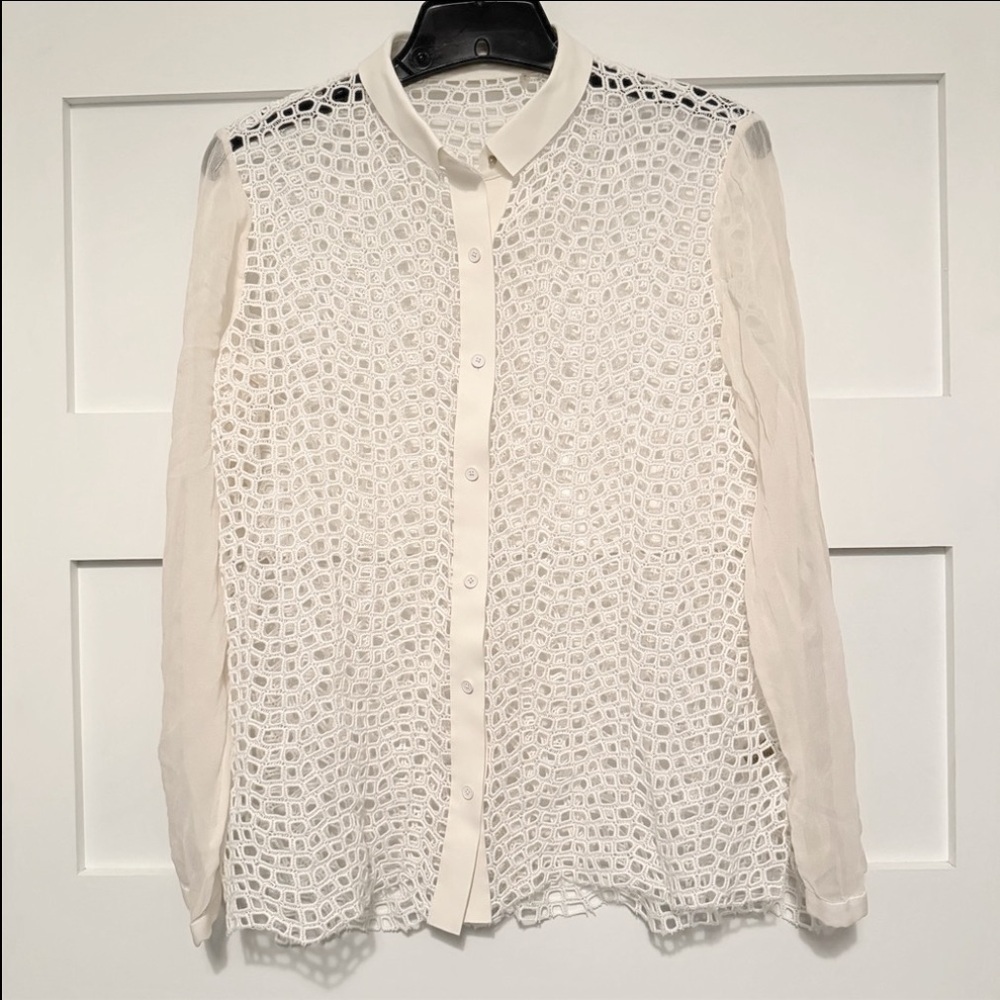 Elie Tahari White Mandarin Collar Crepe Silk Button-Up Shirt Medium 23118